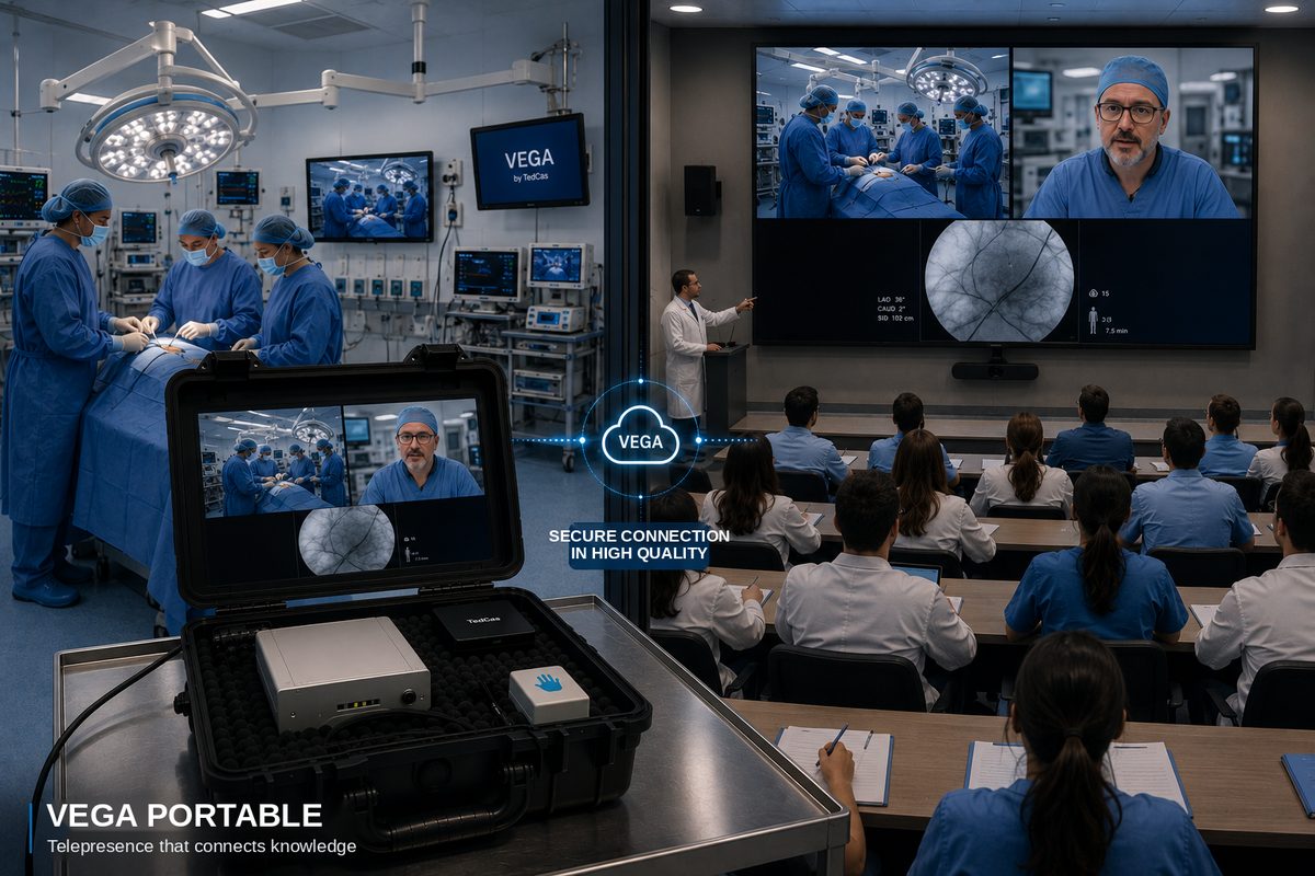 Surgery streamed to a lecture hall: the VEGA Portable briefcase in the operating room and, on the other side of the glass, students watching the procedure and the remote specialist on a large screen.