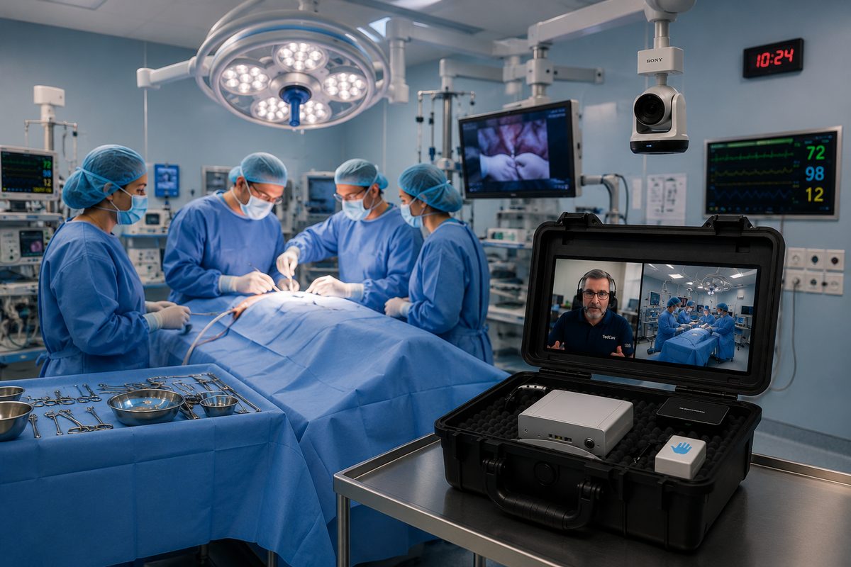 Operating room with the VEGA Portable briefcase open on a table: its screen shows a remote TedCas expert alongside the live view of the surgical team during the procedure.